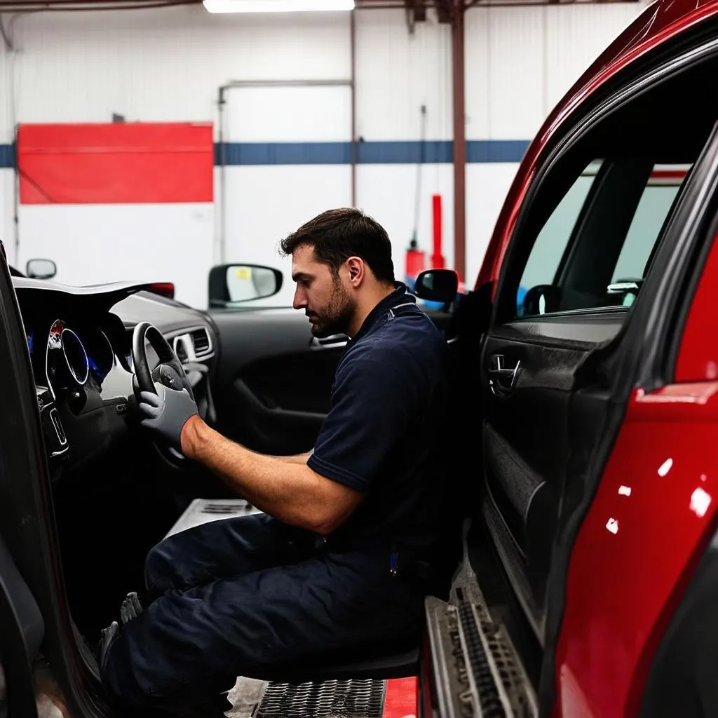 Mechanic working in a warm workshop