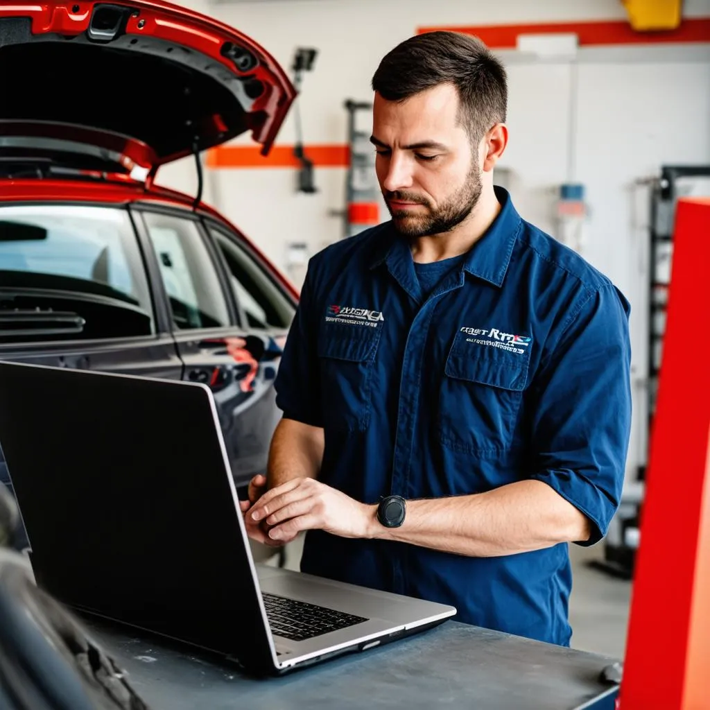 Auto mechanic using a laptop for diagnostics