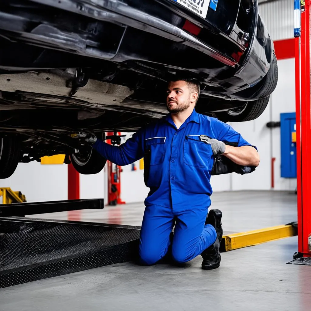 Mechaniker arbeitet unter einem Auto