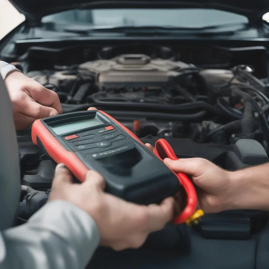 Ein Mechaniker benutzt ein Diagnosegerät an einem Auto