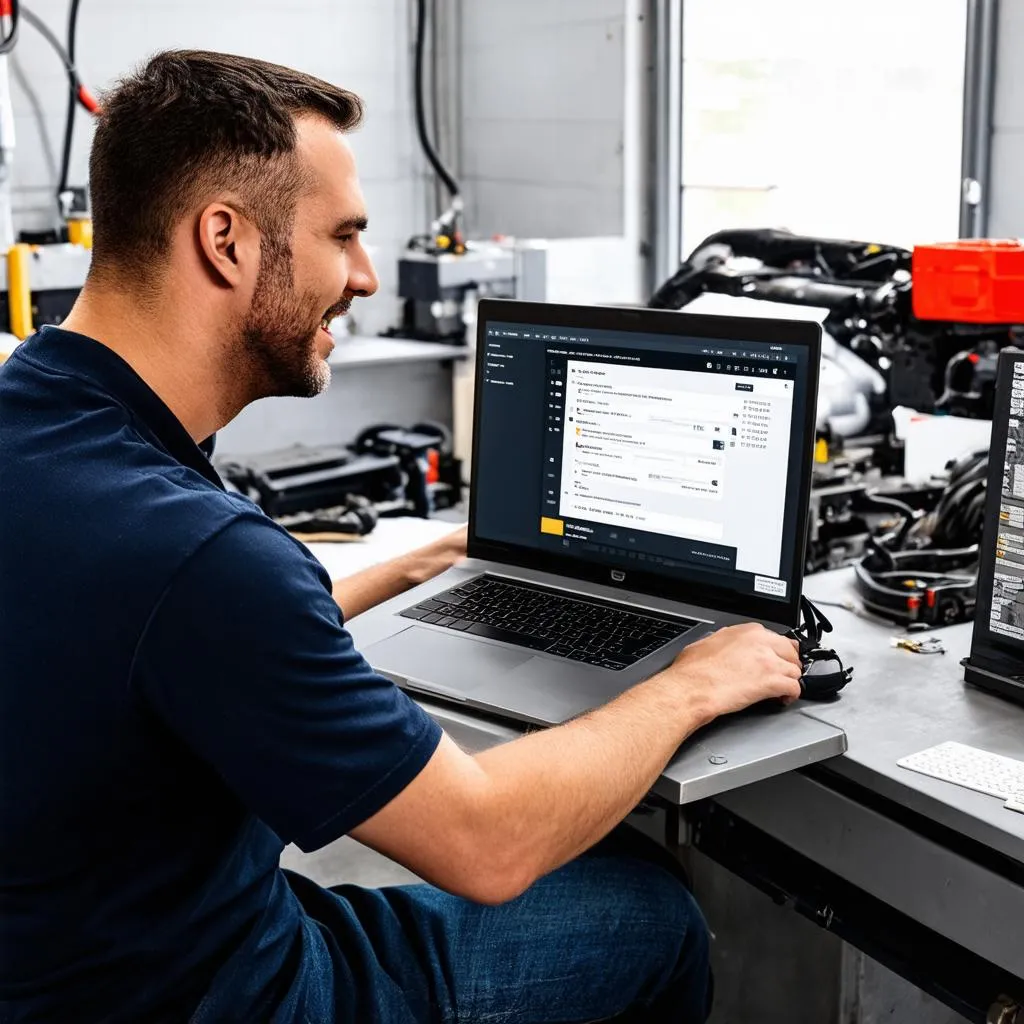 Automechaniker liest eine positive Bewertung auf seinem Laptop und freut sich