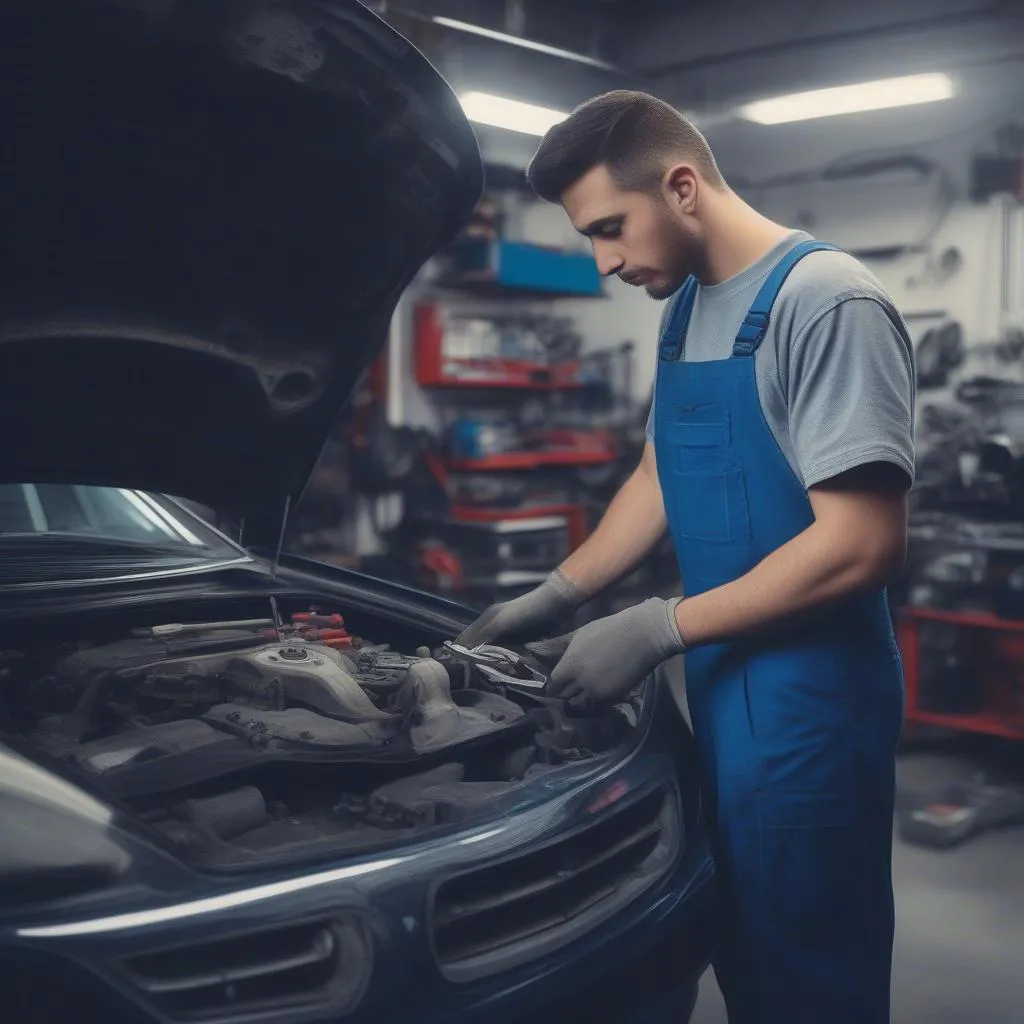 Car mechanic in front of car