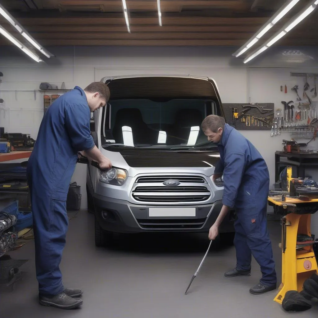 Mechaniker arbeitet an einem Ford Transit 2.2 TDCi in einer Werkstatt