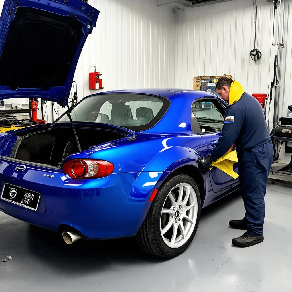 Mechanic working on a Mazda MX-5 engine