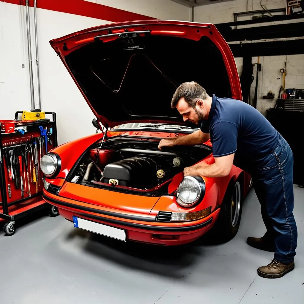 Mécanicien inspectant un moteur de Porsche 911