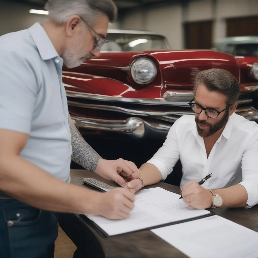 Men signing a purchase contract for a classic car