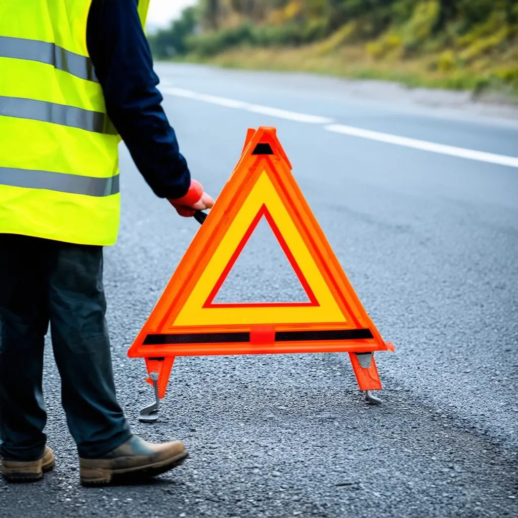 Person stellt Warndreieck auf