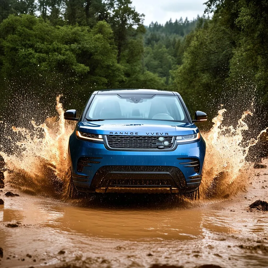 Range Rover Velar fährt durch unwegsames Gelände