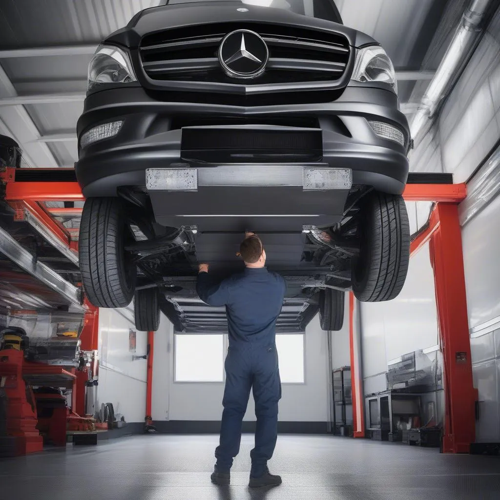 Mercedes-Benz Sprinter auf einer Hebebühne in einer Werkstatt