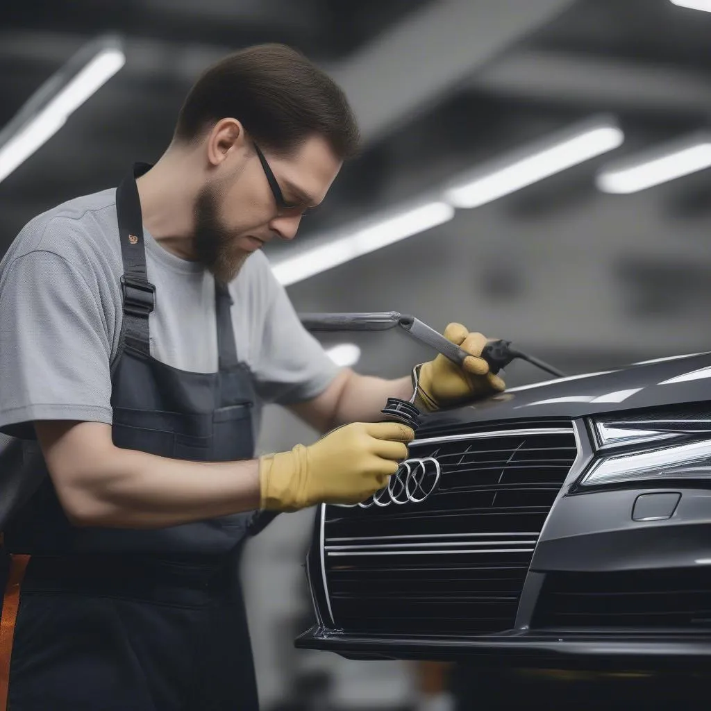 Mechaniker repariert Audi A7 Scheinwerfer