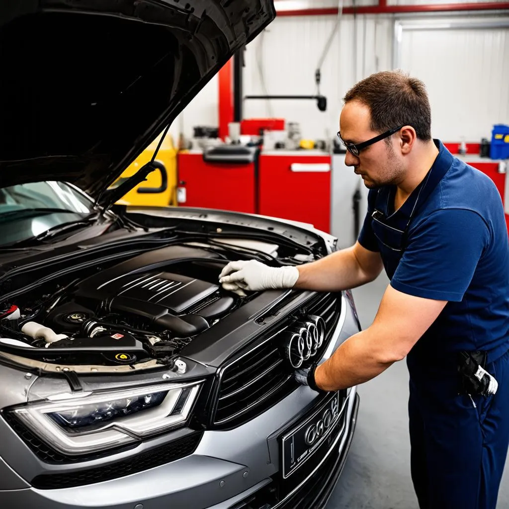 Inside an Audi repair shop, showing a mechanic working on a car, representing Audi vehicle maintenance.