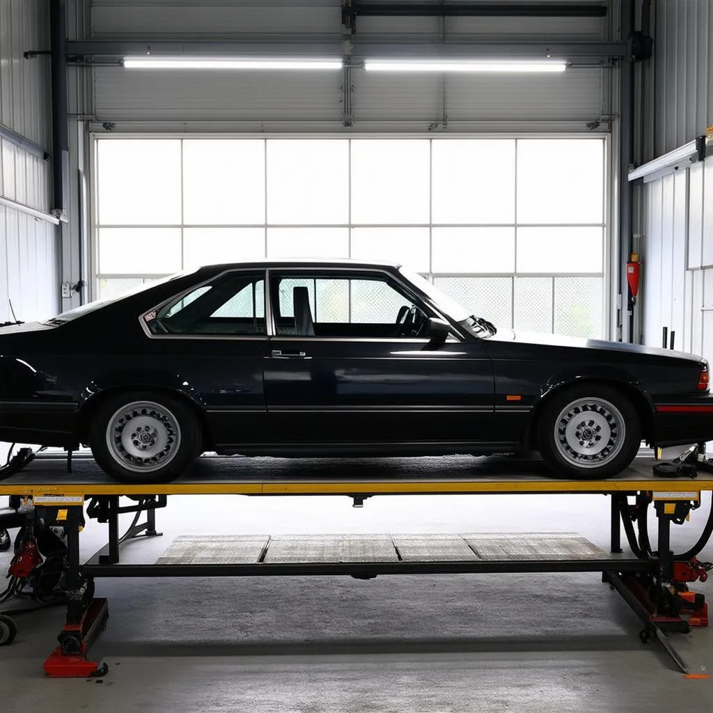 Car on a lift in a repair shop