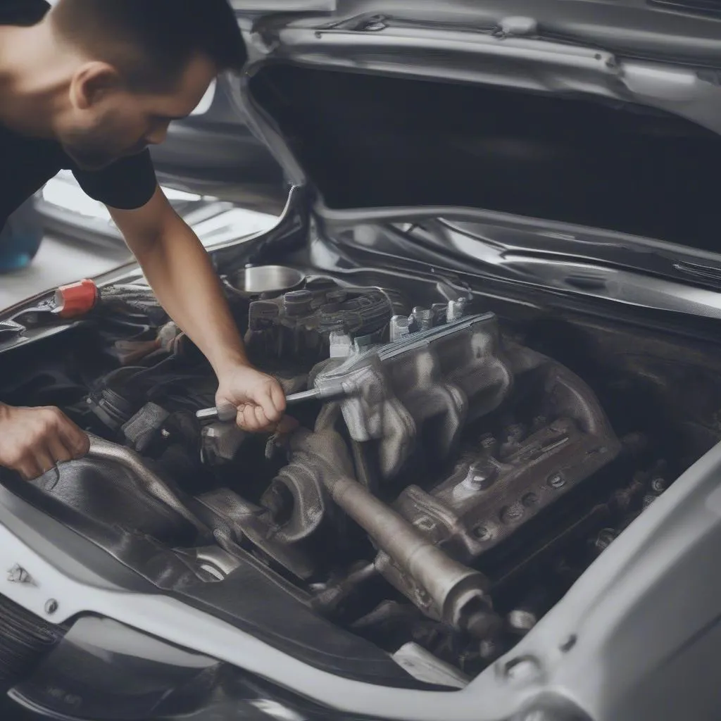 Automechaniker arbeitet am Automotor