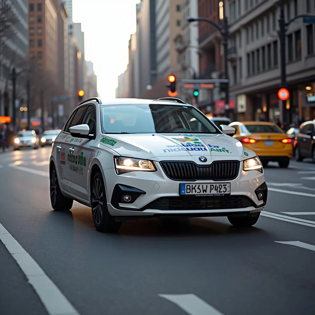 Auto mit Werbung in der Stadt