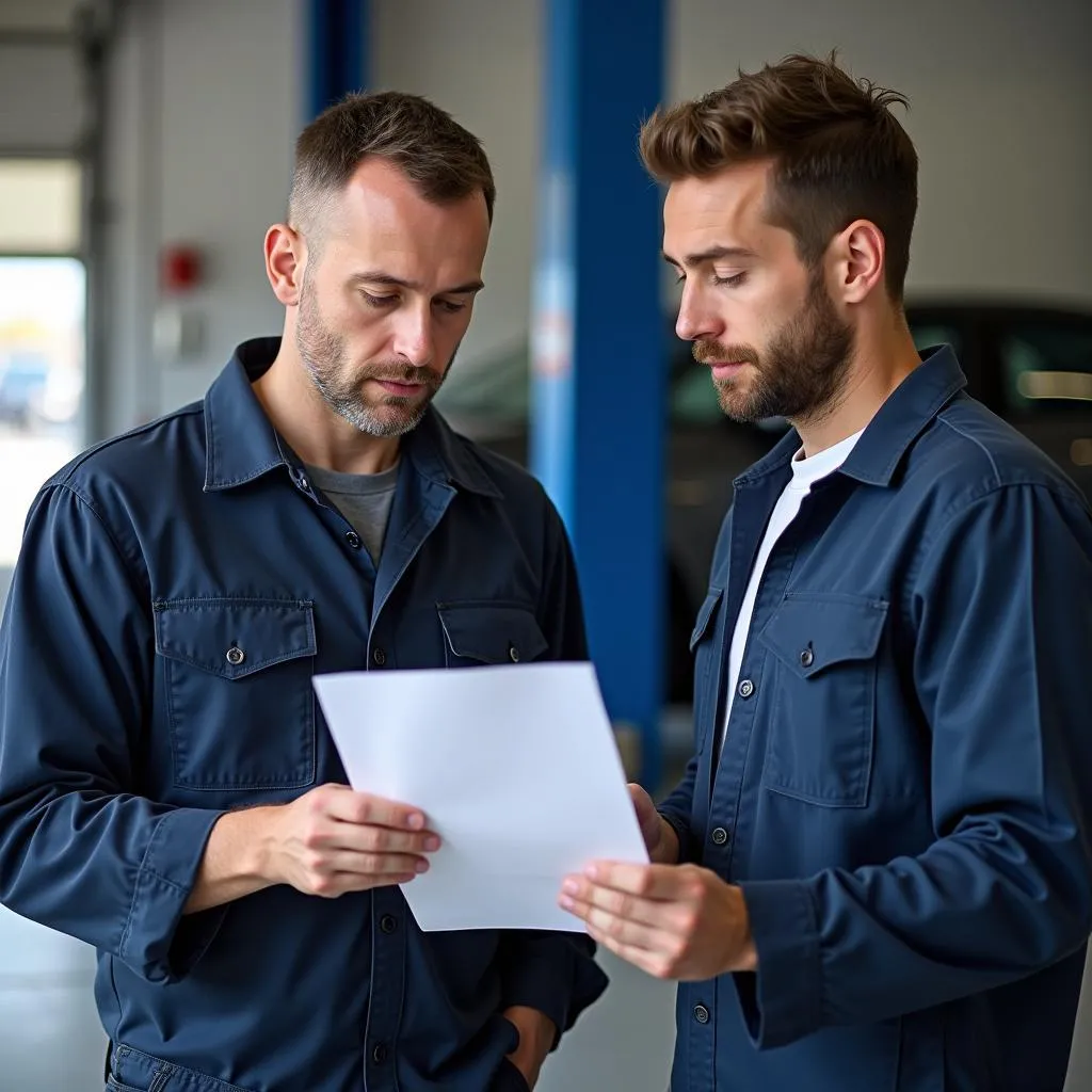 Auto Werkstatt Kostenvoranschlag: Ein Mechaniker bespricht mit einem Kunden einen Kostenvoranschlag für eine Autoreparatur in einer Werkstatt.