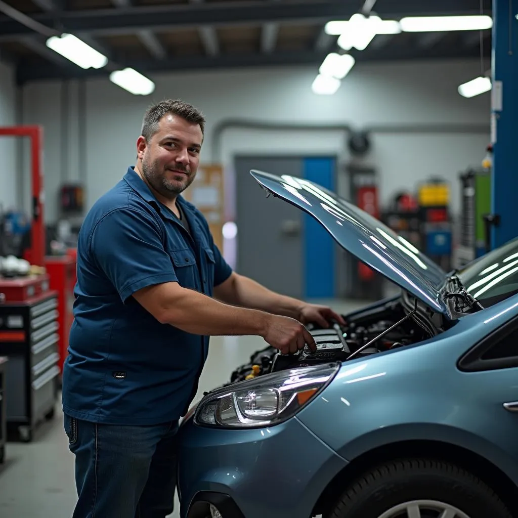 Automechaniker arbeitet in einer Werkstatt an einem Fahrzeug