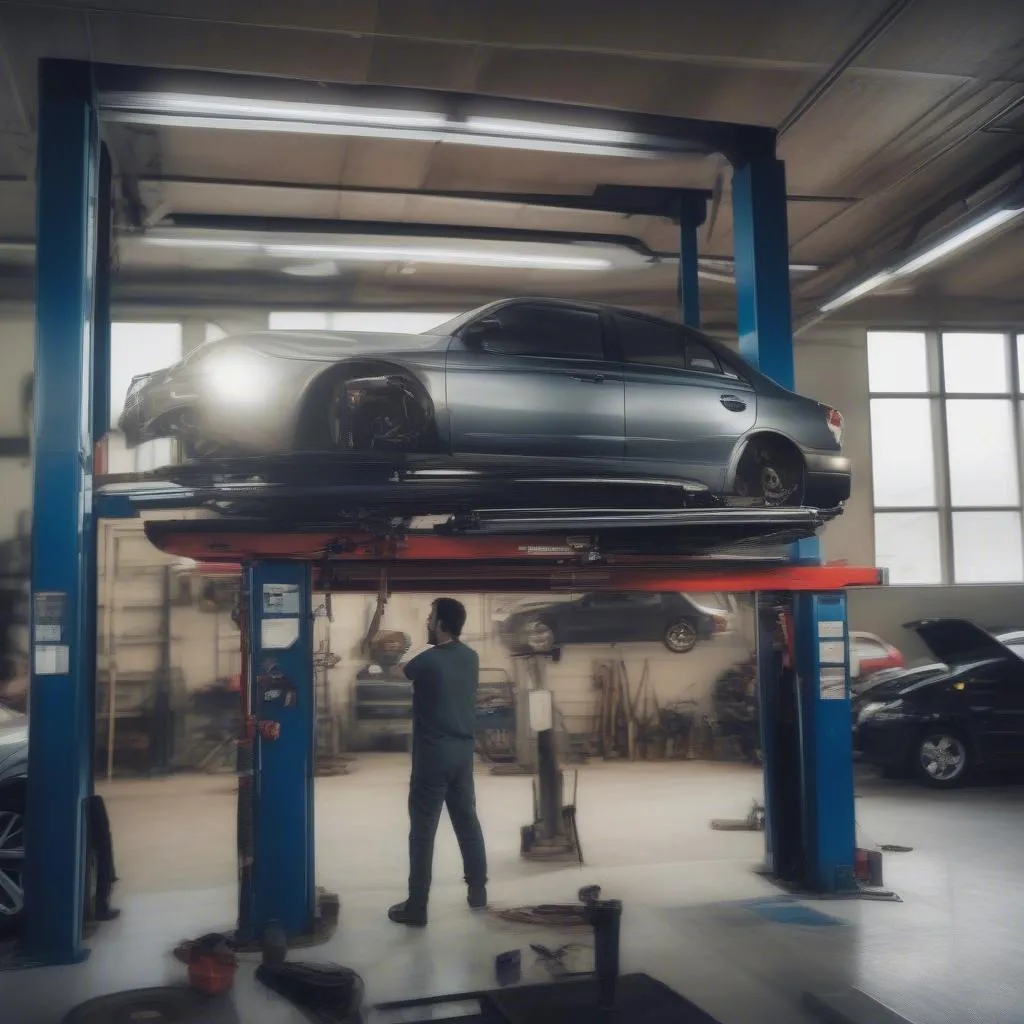 Voiture sur un pont élévateur dans un garage