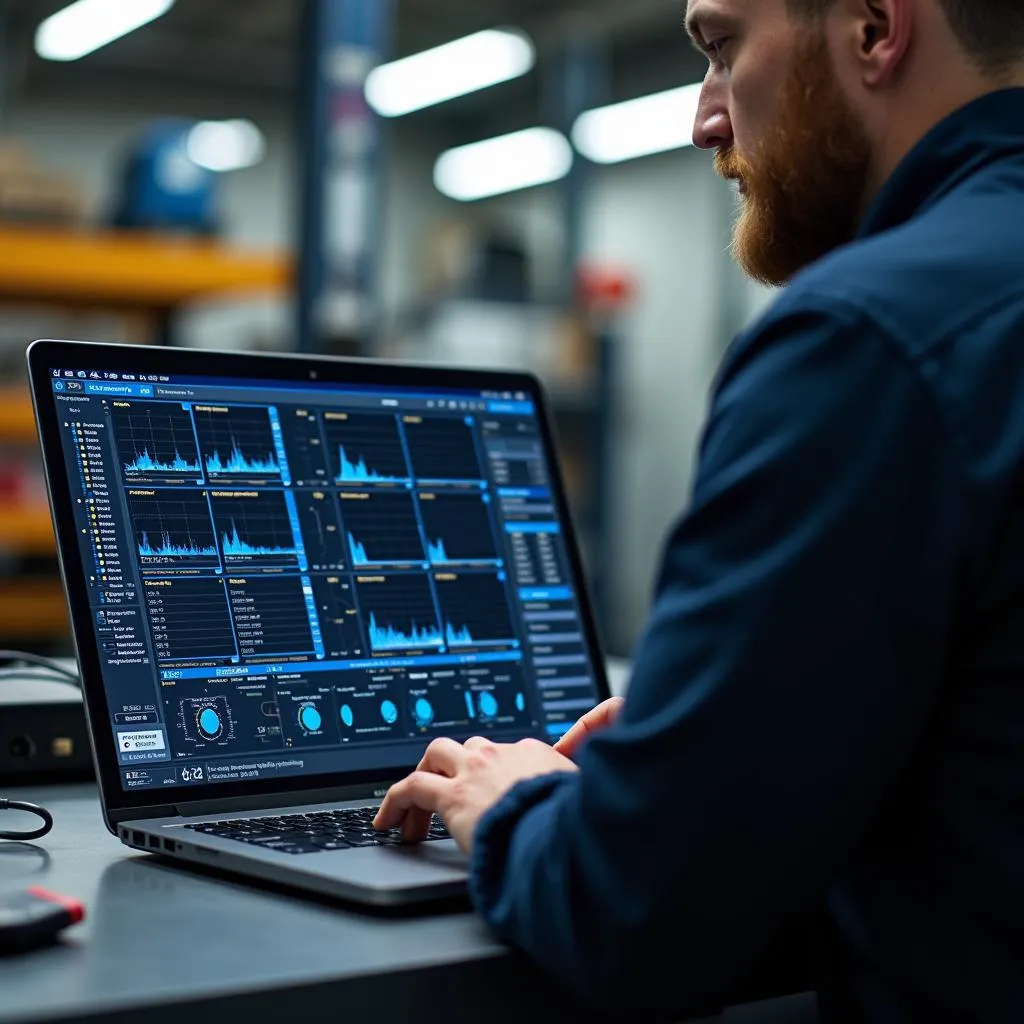 Automechaniker analysiert Fahrzeugdaten mit Ultracard