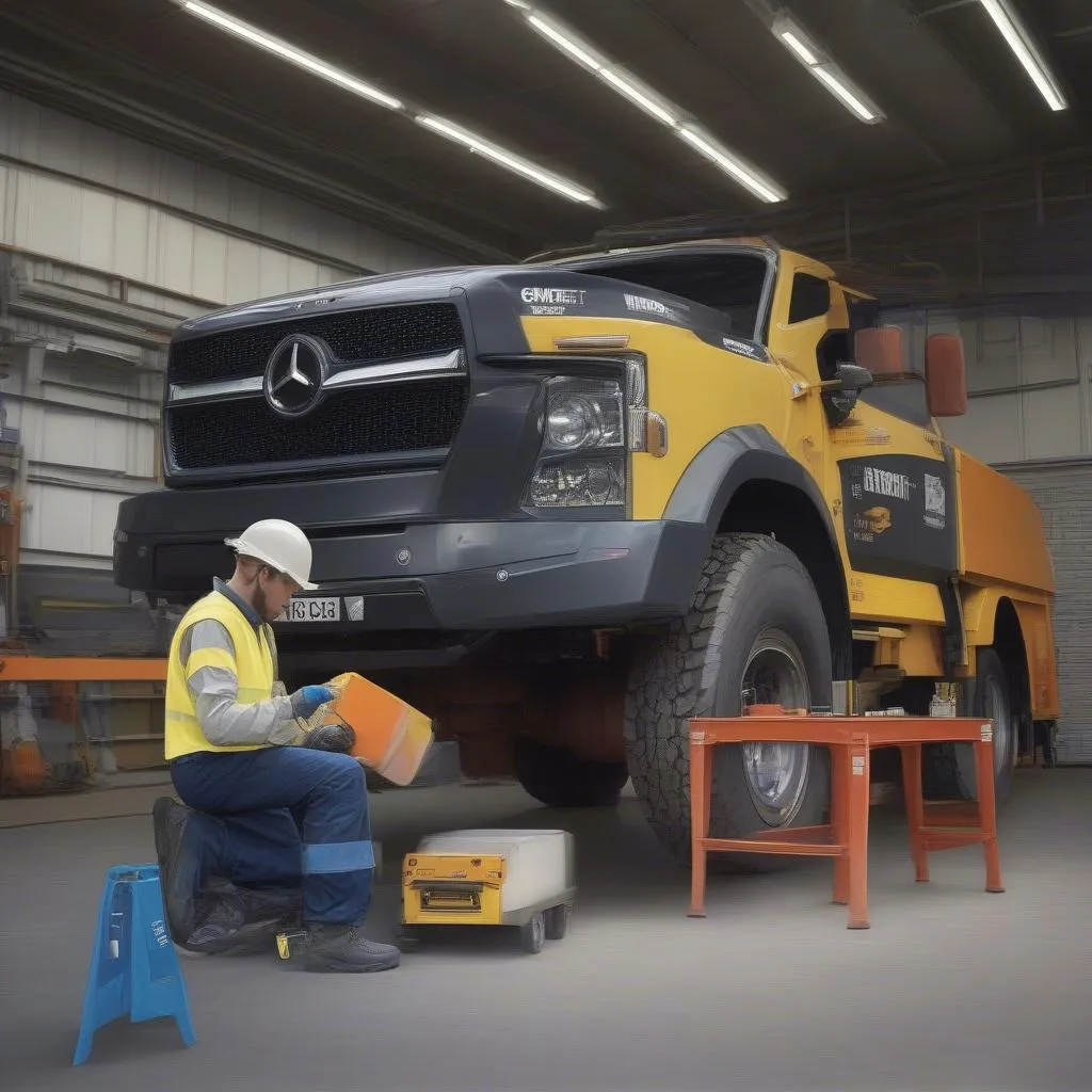 Automechaniker arbeitet an einem Lastwagen mit Schwertransport Schild