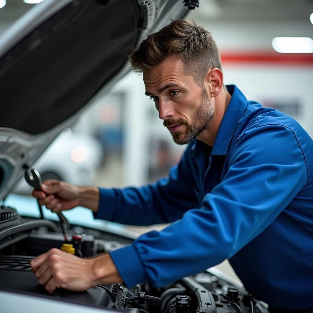 Automechaniker arbeitet an einem Motor