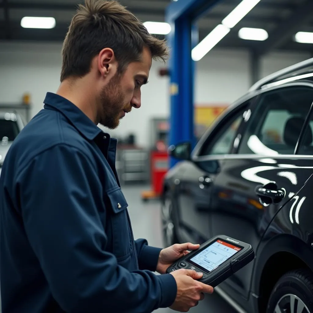 Automonteur gebruikt diagnoseapparatuur voor reparatie.