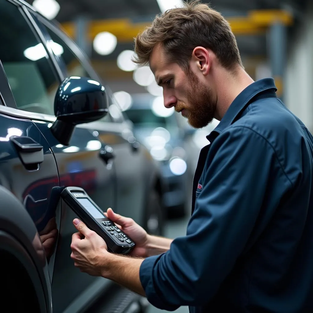 Automechaniker führt eine Diagnose an einem J-Sport-Fahrzeug durch