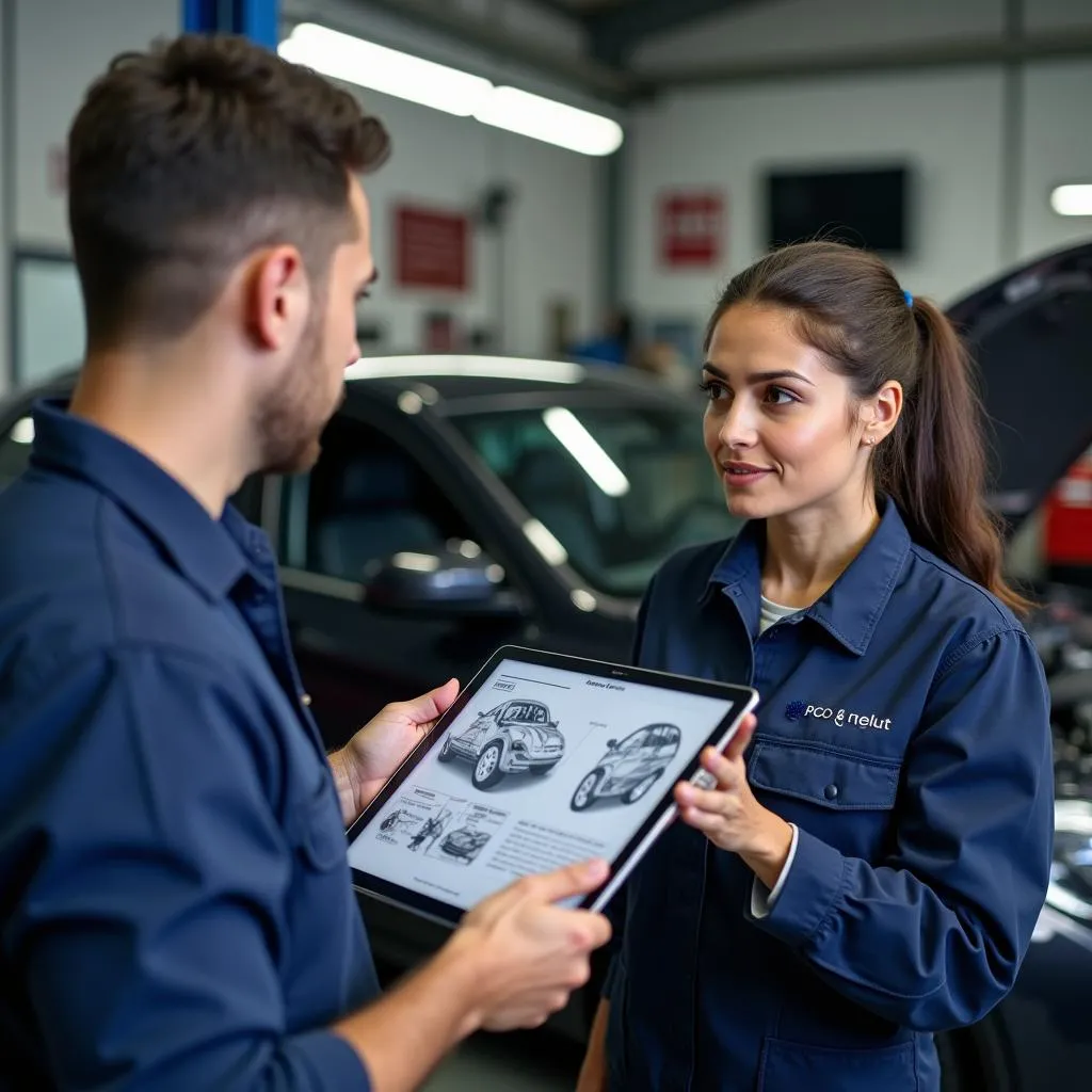 Automechaniker erklärt Reparaturdetails an einem Fahrzeug