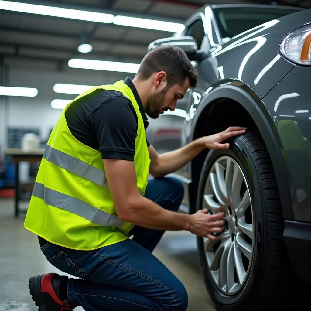 Automechaniker mit Pfannen Warnweste beim Reifenwechsel