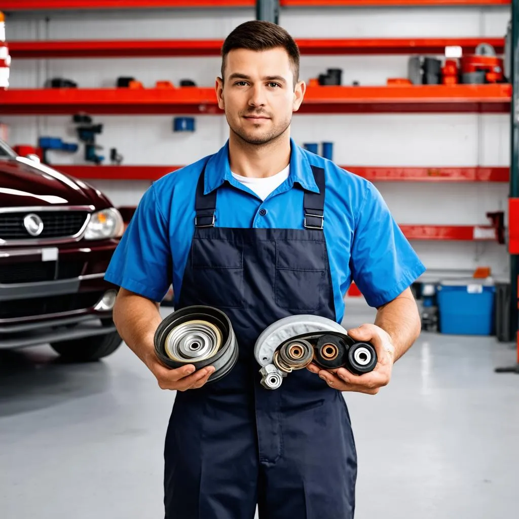 Car mechanic holding spare parts