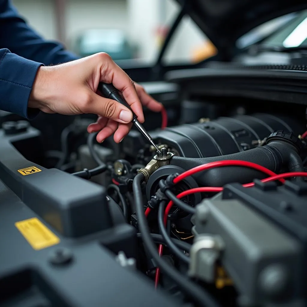 Automechaniker überprüft Verkabelung im Motorraum