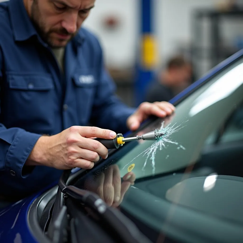 Automechaniker untersucht eine Windschutzscheibe auf Schäden