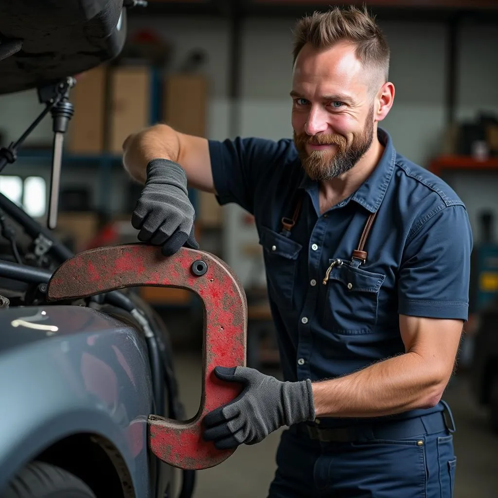 Automechaniker verwendet Schraubzwinge bei der Motorreparatur