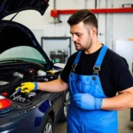 Automechaniker arbeitet in seiner Werkstatt