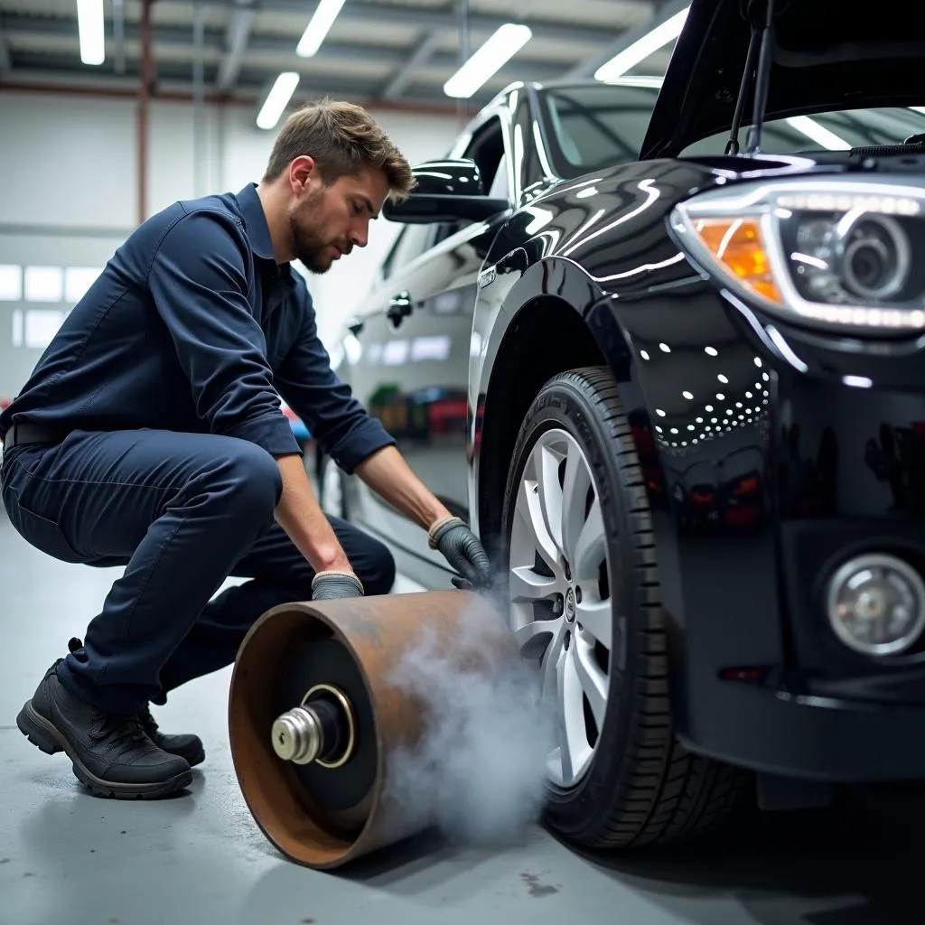 Automonteur diagnosticeert een auto in de werkplaats