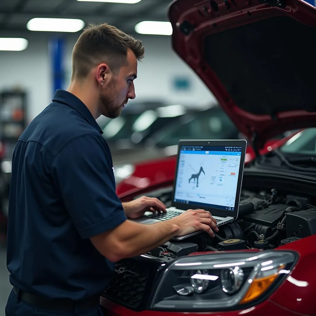 Automechaniker arbeitet in der Werkstatt am Laptop