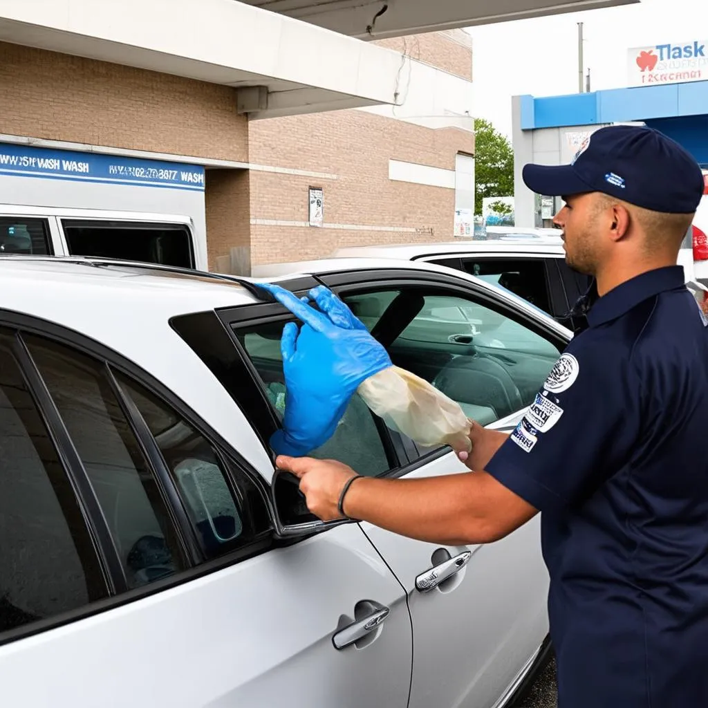 A car wash employee advises a customer on different wash programs