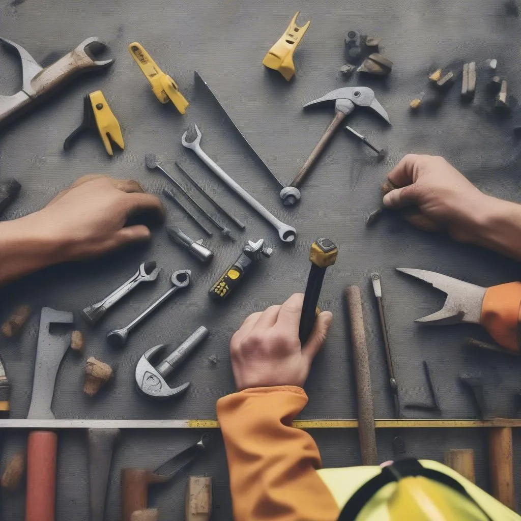 Bauhelfer hält Werkzeug in der Hand auf Berliner Baustelle