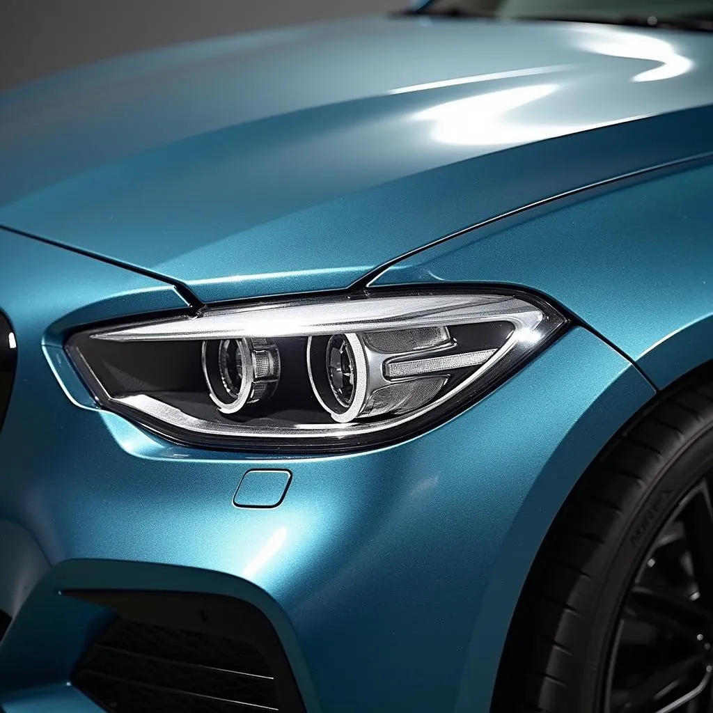 Nahaufnahme des Lacks eines BMW 1er in Storm Bay Metallic