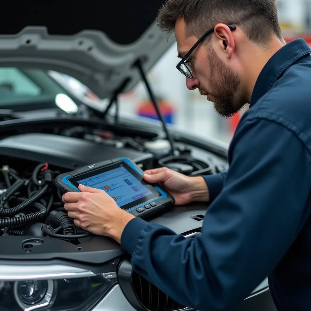 BMW Mechaniker führt Fahrzeugdiagnose in der Werkstatt durch