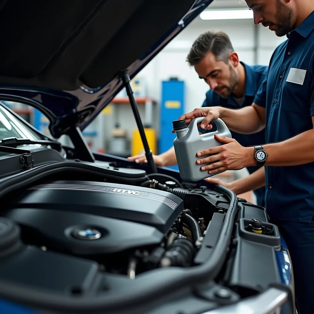 תא מנוע פתוח של BMW במהלך טיפול החלפת שמן