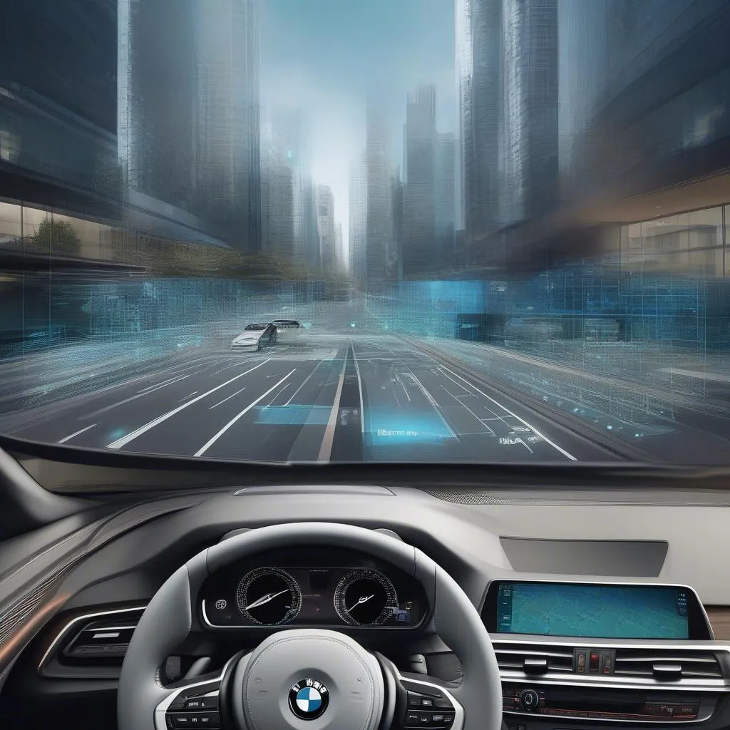 BMW neues autonomes Fahren: Blick durch die Windschutzscheibe auf eine digitale Stadtkarte mit Navigationshinweisen.