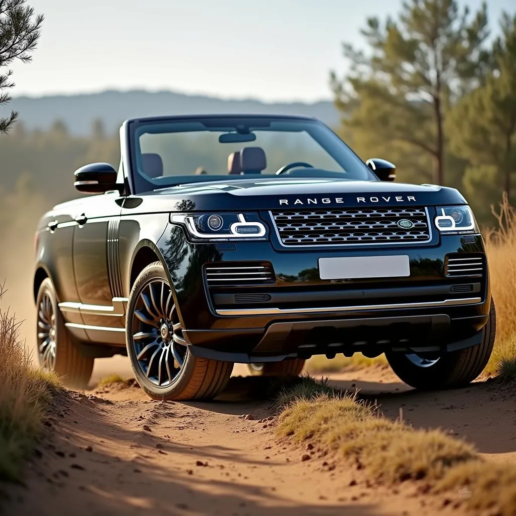 Ein Cabrio Range Rover fährt durch unwegsames Gelände