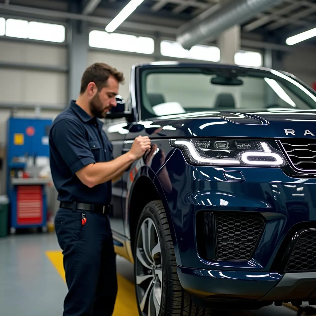 Ein Mechaniker führt eine Wartung an einem Cabrio Range Rover durch