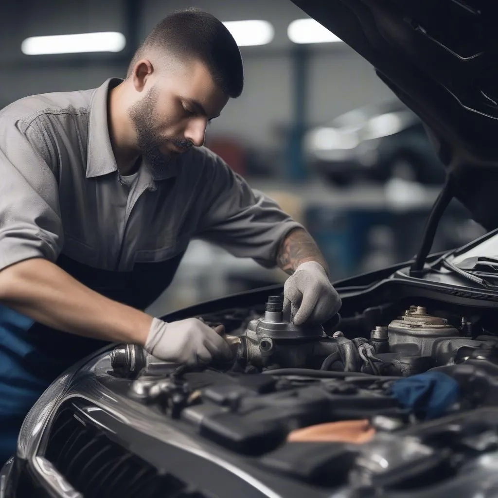 Automonteur die aan een auto werkt