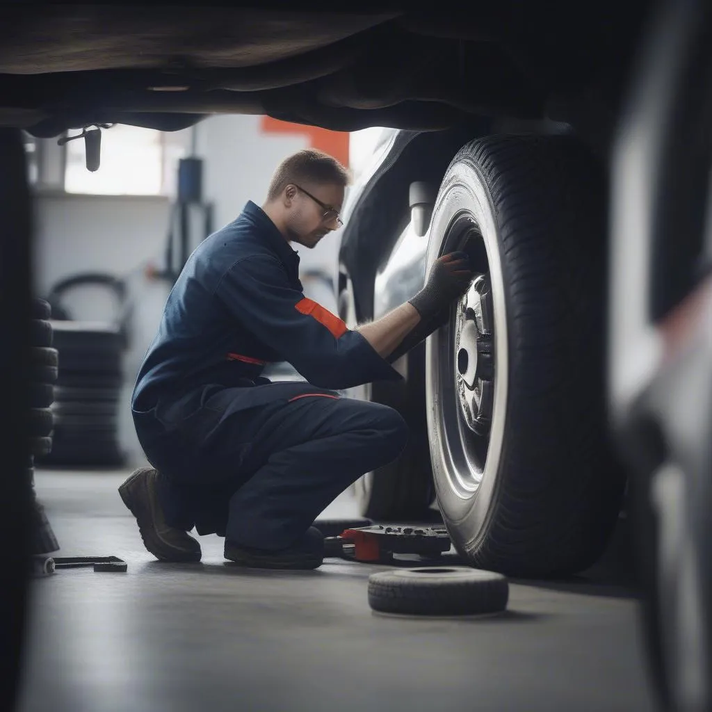 Car mechanic changing a tire in a workshop