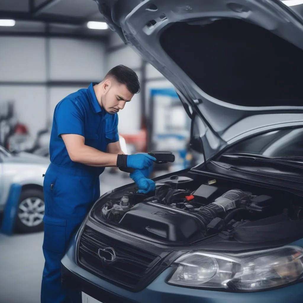 Automechaniker überprüft Motor