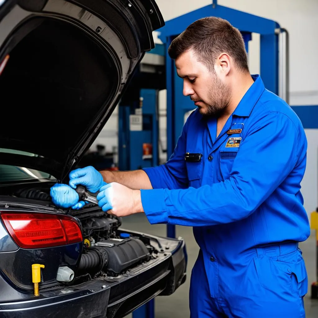 Car mechanic working on a car in a professional workshop