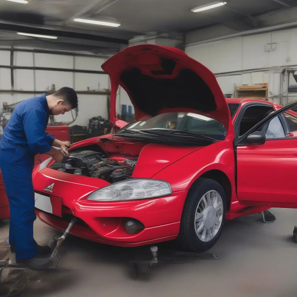 Mechanic Working on a Mitsubishi Eclipse Engine