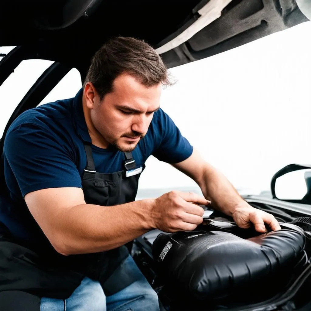 Car Mechanic Working On Airbag