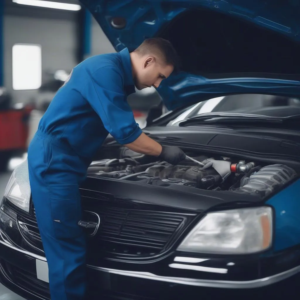 Car Mechanic Working on Car